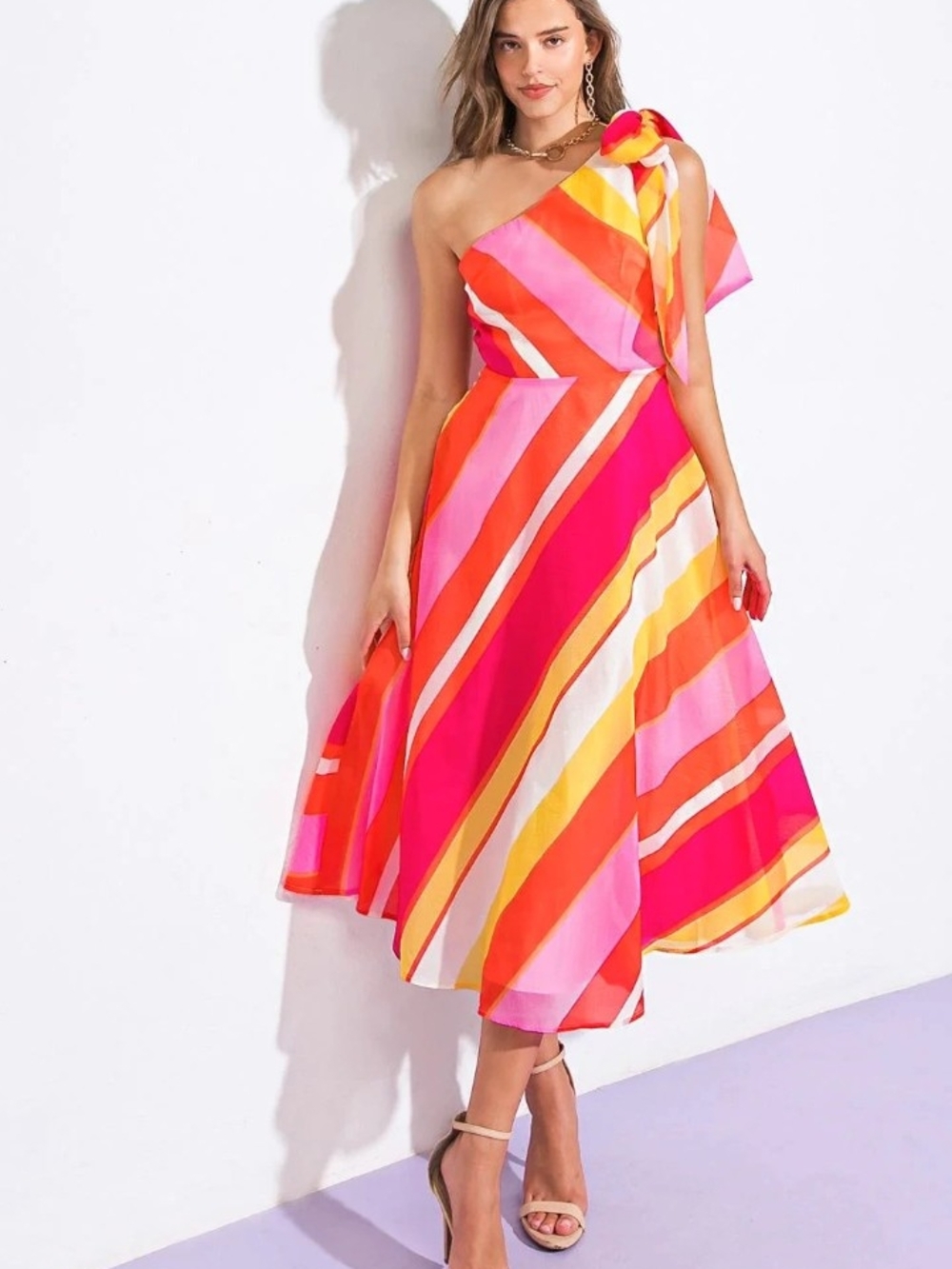 Flying Tomato One-Shoulder Striped Midi Dress in Pink, Orange & Yellow